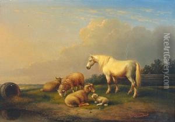 A Horse And Sheep In An Open Landscape Oil Painting - Francois Vandeverdonck