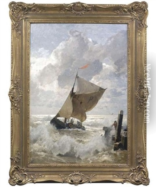 Fischerboot In Sturmischer See Unter Bewolktem Himmel Oil Painting - Gustav Schoenleber