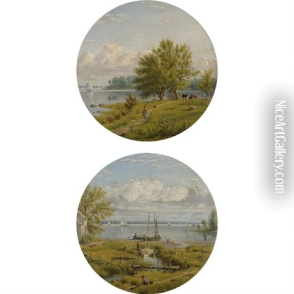 View Across The Hudson To New York (pair) Oil Painting - William Rickarby Miller