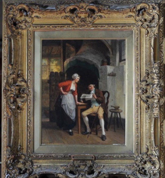 A Tavern Interior With A Serving Girl And An Elderly Gentleman Reading A Newspaper Oil Painting - David Col