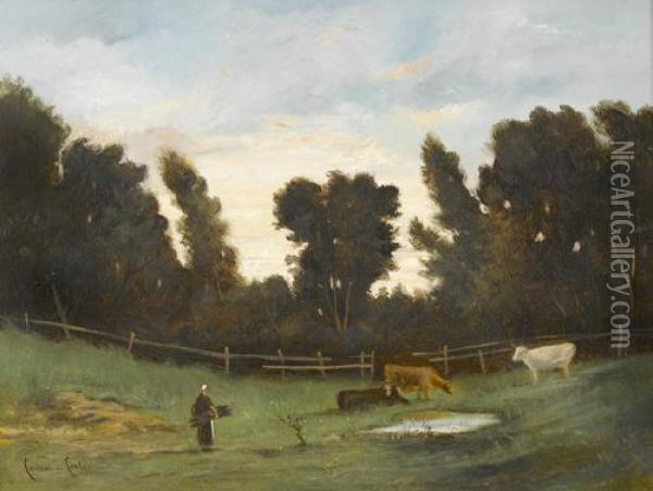 Landschaftspartie Mit Reisigsammlerin Und Kuhen Bei Teich. Oil Painting - Couleat Conti
