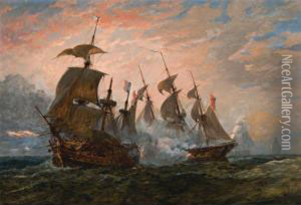 Sea Battle Oil Painting - Sir Oswald Walter Brierly