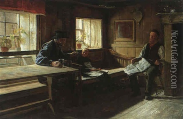 Bondestue Interior Med Personer Oil Painting - Adolph Diedrich Kindermann