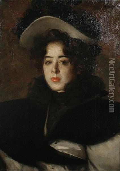 Portrait Of Nana, Bust Length Wearing A Feathered Hat Oil Painting - Albert De Belleroche