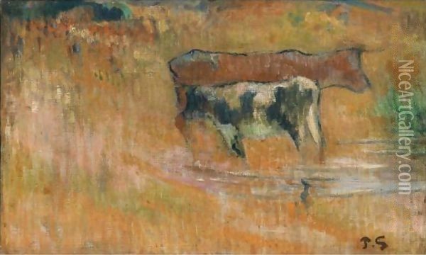 La Vache Et Son Veau Oil Painting - Paul Gauguin