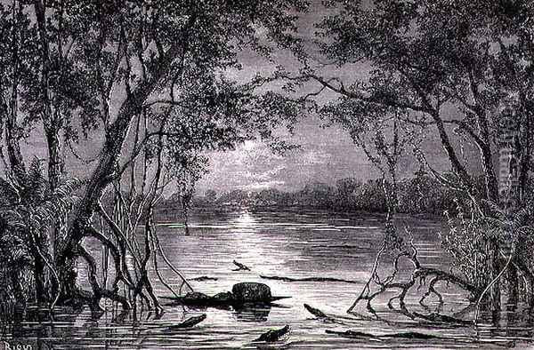 Moonlight Effect on the Lake Juteca, page 457 from Vol. 2 of Journey Across South America by P. Marcoy, 1873 Oil Painting - Edouard Riou