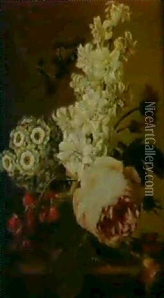 Bouquet De Primeveres, Roses Et Pois De Senteur Dans Un     Vase Oil Painting - Jan Frans Van Dael
