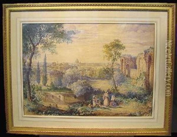 Italian Figures Overlooking Baths Of Caracalla With St. Peters Inthe Distance Oil Painting - Samuel Prout