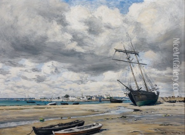 Barques Et Bateaux A Sec Dans Une Ville De Bretagne Oil Painting - Andre Eugene Dauchez
