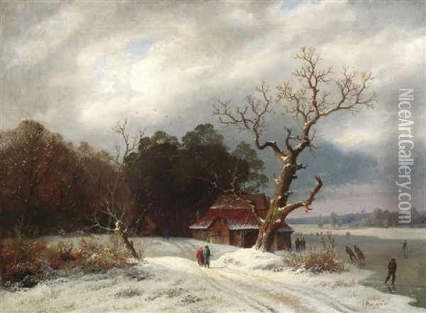 Winter An Einem Zugefrorenen See In Holland Oil Painting - Caesar Bimmermann