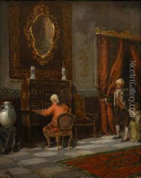 Escena De Interior Con Caballero Ante Un Bargueno Oil Painting - Salvador Viniegra Y Lasso