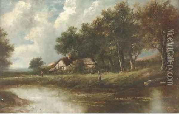 Figures by a river in a wooded landscape Oil Painting - Joseph Thors