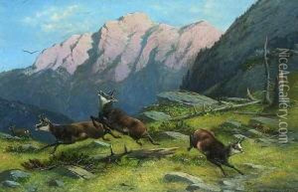 Gamsjagd Im Hochgebirge. Oil Painting - Moritz Muller