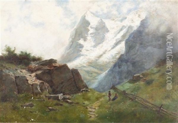 Sommerliche Gebirgslandschaft Im Wallis Mit Zwei Wanderern Oil Painting - Gustave Eugene Castan