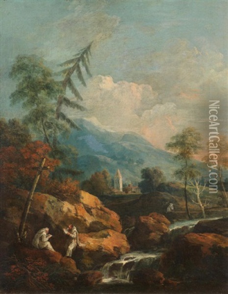 A Mountainous River Landscape With Carthusian Monks Studying In The Foreground Oil Painting - Marco Ricci