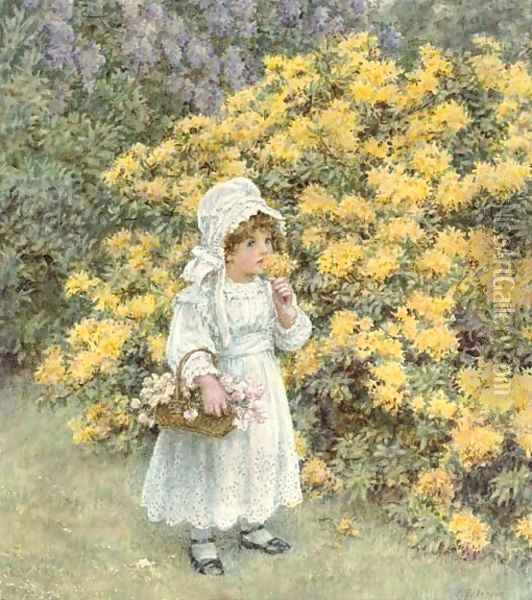 A little girl carrying a basket of flowers before an azalea bush Oil Painting - Caroline Paterson
