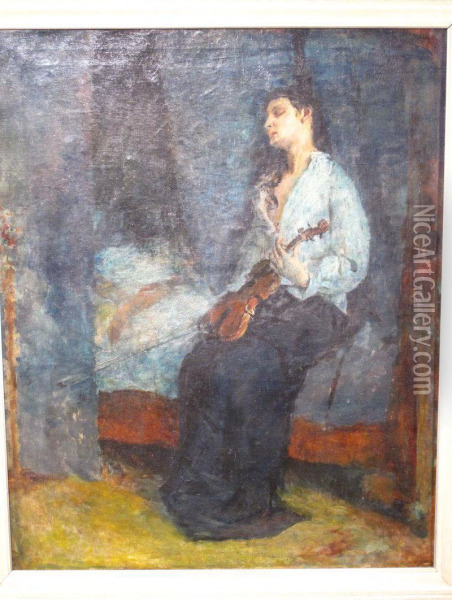 Sitzende Junge Frau Mit Vertraumtem Blick, Inder Hand Eine Geige Haltend Oil Painting - Carl Johann Becker-Gundahl