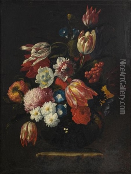 Tulips, Roses, Narcissi And Other Flowers In A Glass Vase On A Stone Pedestal Oil Painting - Giuseppe Recco