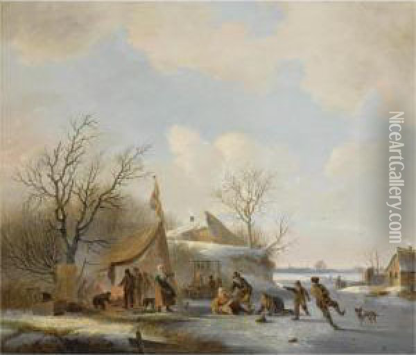 Figures On The Ice Near A 'koek En Zopie' Oil Painting - Jacobus Van Der Stok