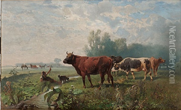 Landskap Med Kor Oil Painting - Hans (Johann) Haag