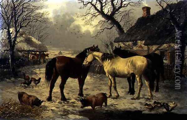 A Winter Farmyard Scene Oil Painting - John Frederick Herring Snr