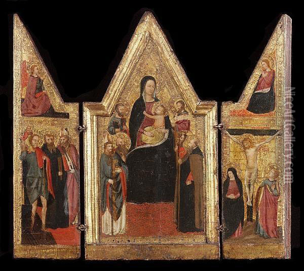 A Triptych: The Central Panel With The Madonna And Child With Saint Nicholas Of Bari, Saint Peter, A Monk Saint, Saint Anthony Abbot, Saint Andrew (?), And Saint John The Evangelist (?) In Attendance; The Wings With The Annunciation And The Crucifixion W Oil Painting - Master Of The Lazzaroni Madonna