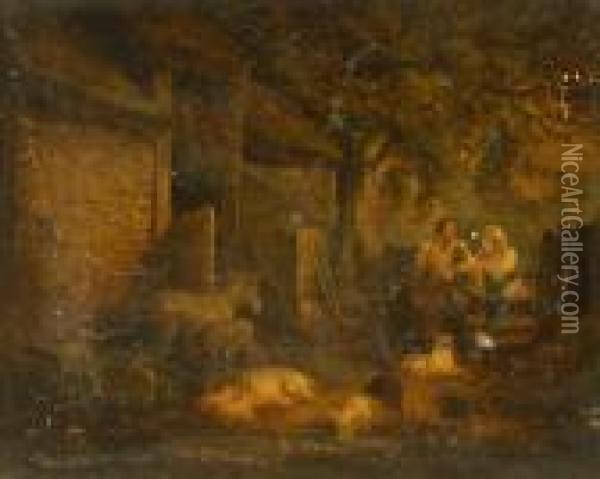 Rural Contentment, Shepherd, Companion And Dogs At A Gate, With Donkey, Foal And Pigs Oil Painting - George Morland