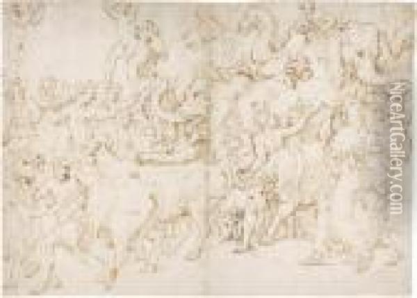 Zug Mit Zahlreichen Personen Und Tieren, Wie Elefanten, Kamele, Ochsen, Widder U.a. Oil Painting - Giulio Romano