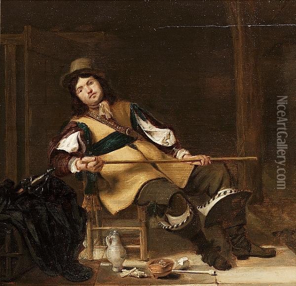 A Cavalier Seated, Holding A Cane, In A Guardroom, With A Flaggon And Smoking Implements At His Feet Oil Painting - Simon Kick
