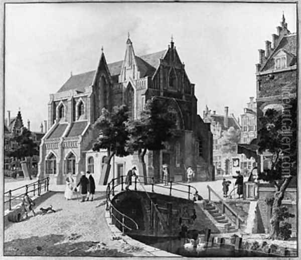 Figures near a Gothic Church in a Town Oil Painting - Jan Hendrik Verheyen