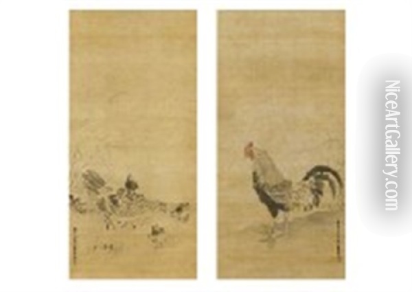 Chicken Oil Painting - Tanyu Kano