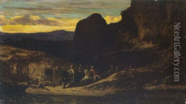 Felsige Landschaft Mit Orientalischem Reitertrupp Oil Painting - Alexandre Gabriel Decamps