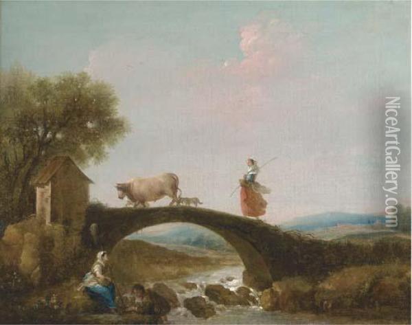 A River Landscape With A Girl Walking Over A Bridge, Anglers Beneath Oil Painting - Francesco Zuccarelli