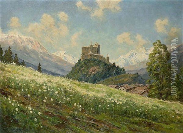 Gebirgslandschaft Mit Burg Oil Painting - Franz Hienl-Merre