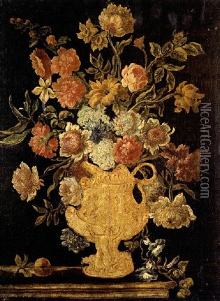 Bouquet De Fleurs Dans Un Vase Orne Oil Painting - Mario Nuzzi
