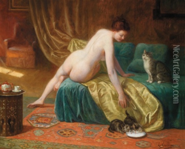 Interieur Mit Weiblichem Akt Auf Einer Chaiselongue Und Einer Katzenfamilie Oil Painting - Louis Galliac