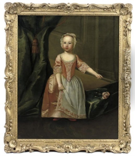 Portrait Of A Young Girl (catherine Smith Barry?) In A Pink Dress And Bonnet, Before A Blue Curtain Oil Painting - Edward Haytley