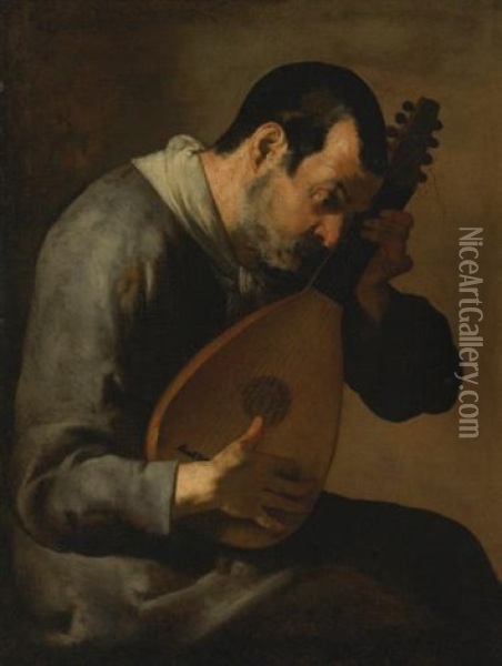 The Sense Of Hearing: A Man Playing A Lute Oil Painting -  Master of the Annunciation to the Shepherds