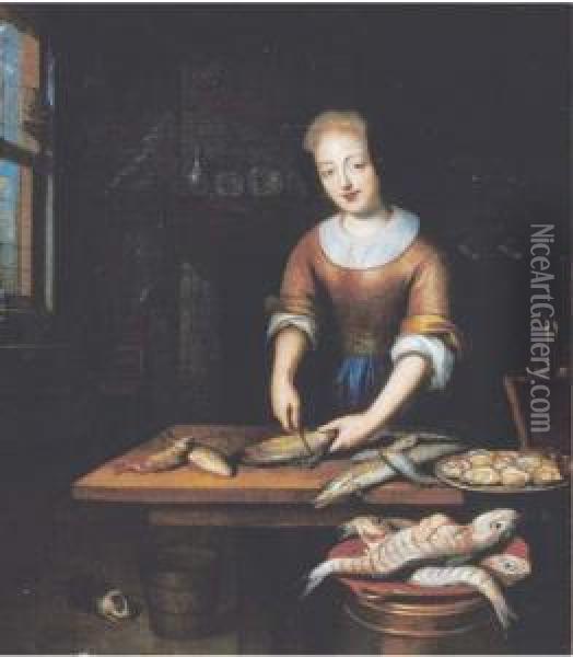 A Young Lady Gutting Fish In An Interior Oil Painting - Regnier de La Haye