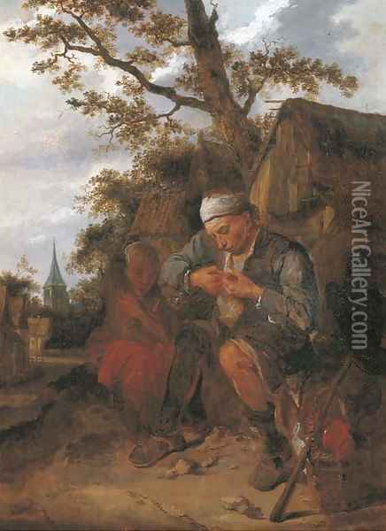 Peasants seated outside a farmhouse Oil Painting - Harmen Fransz. Hals