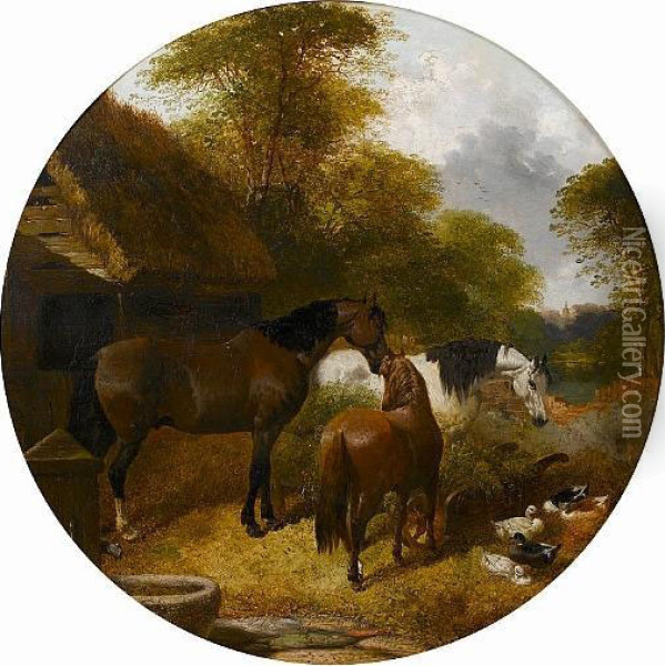 Horses At A Trough; Horses With Chickens Oil Painting - John Frederick Herring Snr