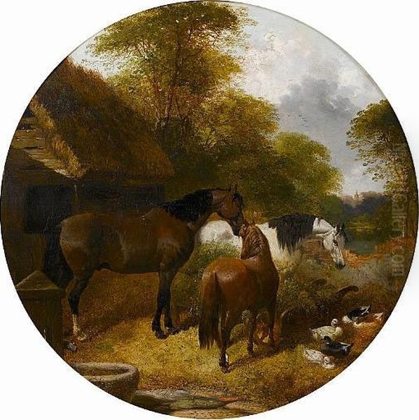Horses At A Trough; Horses With Chickens oil painting reproduction by