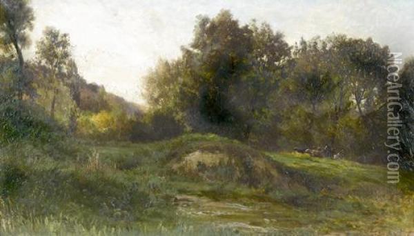 Hugelige Landschaftspartie Mit Kuhherde Bei Einem Bach. Oil Painting - Emile Charles Lambinet