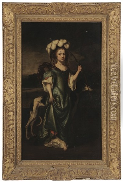 Portrait Of A Comely Girl As Diana Holding A Bow Oil Painting - Caspar Netscher