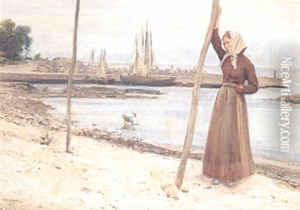 Franskt Strandlandskap Med Fiskarflicka, I Fonden Fiskebatar Oil Painting - August Vilhelm Nikolaus Hagborg