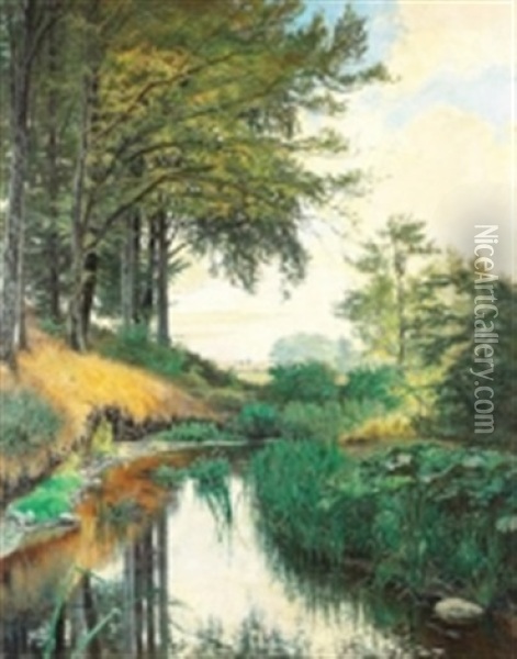 Landskap Med Vattendrag Oil Painting - Olaf Viggo Peter Langer