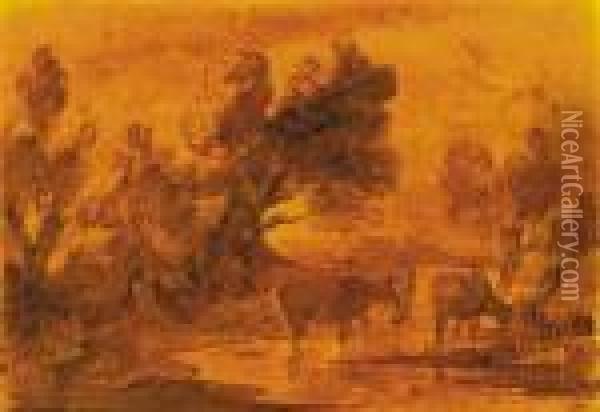 Cattle Watering In A Wooded Landscape Oil Painting - Thomas Gainsborough