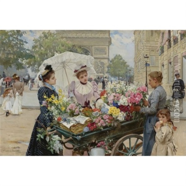 The Flower Seller On The Champs Elysees Oil Painting - Louis Marie de Schryver