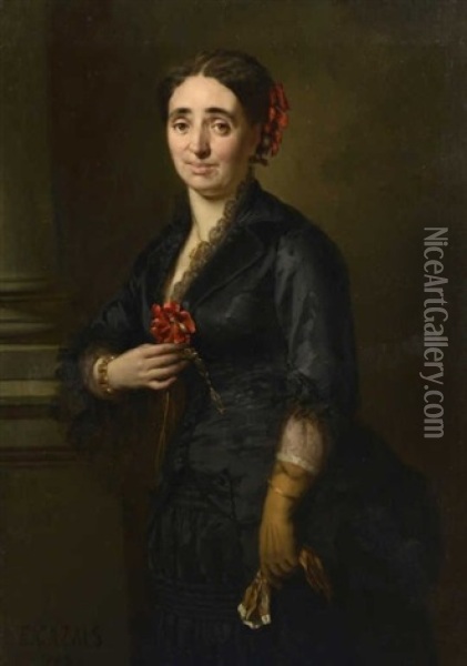 Portrait De Femme Uen Fleur Dans Le Corsage Oil Painting - Eusebe Cazals