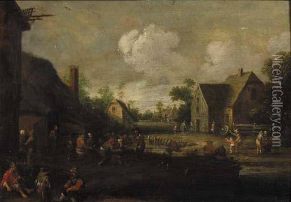 A Village Street With Boors At Table Outside A Tavern, Beggars In The Foreground Oil Painting - Cornelius Droochsloot